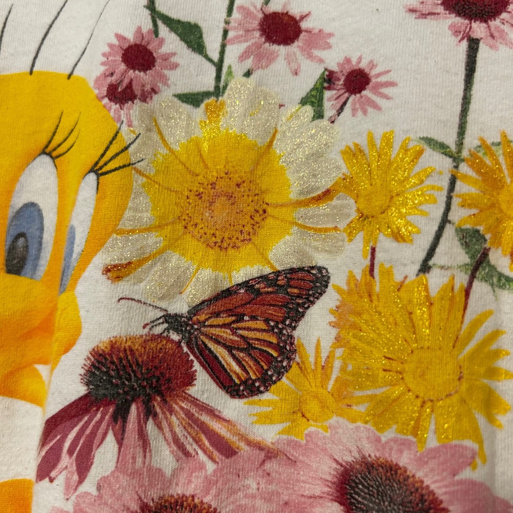 Vintage 1998 Looney Tunes Tweety Bird Silence is Golden Floral T-Shirt Cream L - Picture 3 of 9